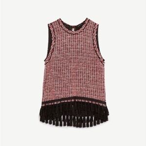 ZARA red tweed tassel top